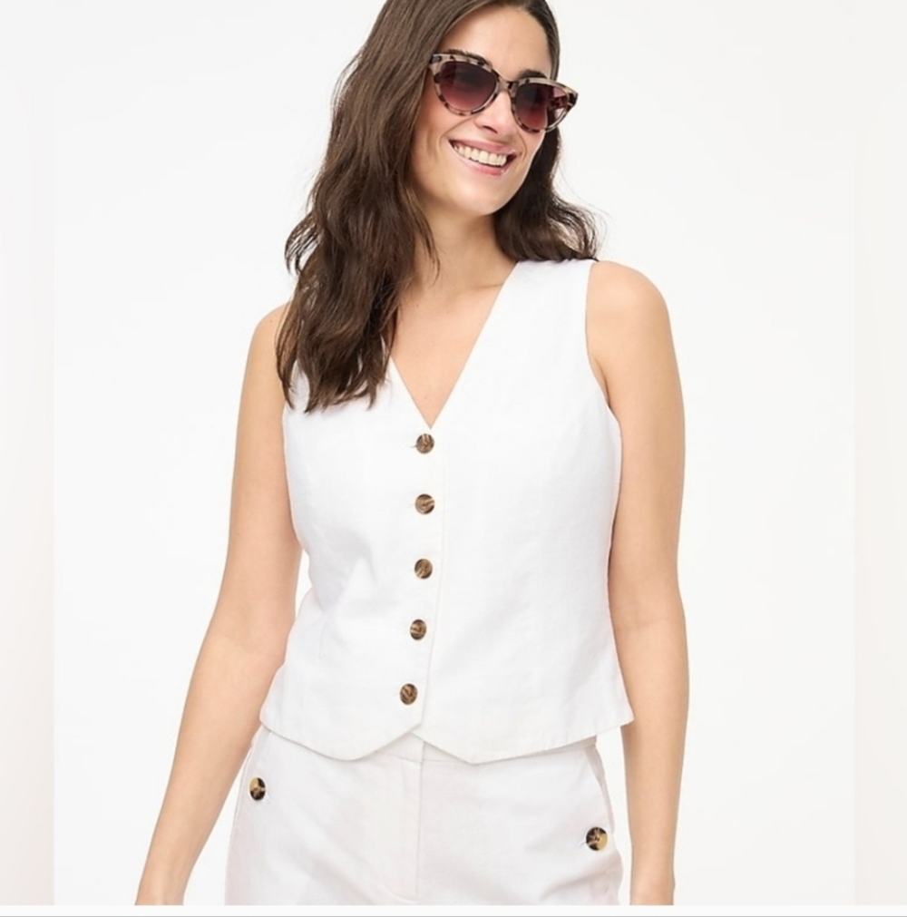 NEW J Crew Button Front Linen Blend Vest in White Size 14 V-Neck $89.50 Retail